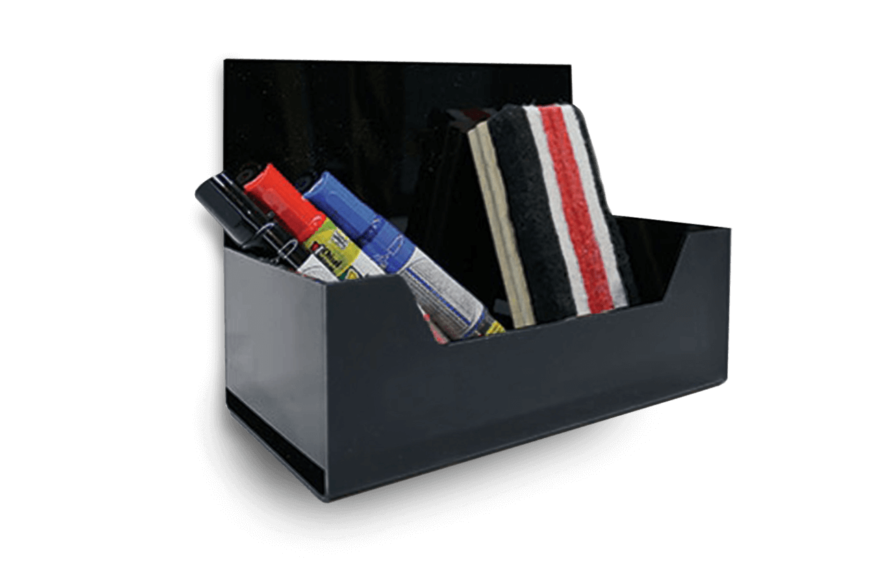 Magnetic box in black acrylic for storing dry erase markers and cleaning brushes