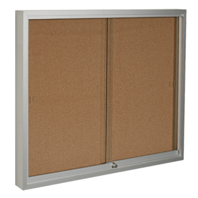Double glass display case with cork surface, sliding doors, and a lock
