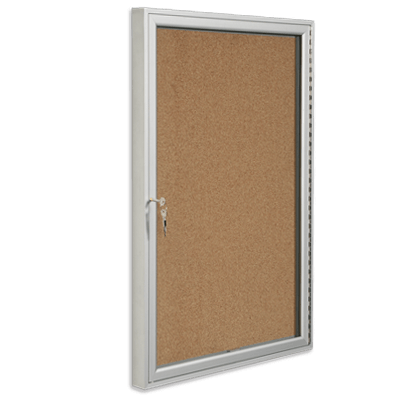 Cabinet d'affichage vitré simple avec surface en liège, porte à penture et serrure