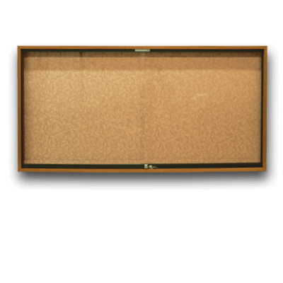 Cabinet d'affichage vitré double avec cadre en bois, portes coulissantes, surface en liège et serrure