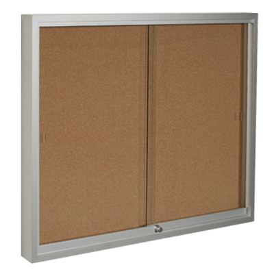Cabinet d'affichage vitré double avec surface en liège, portes coulissantes et serrure